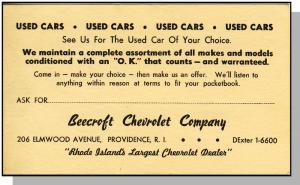 Providence, Rhode Island/RI Promotional Postcard, Beecroft Chevrolet Co.