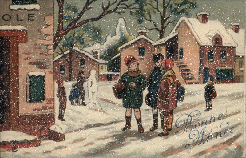 Bonne Annee New year Children in Snow Snowy Village c1910 Vintage Postcard