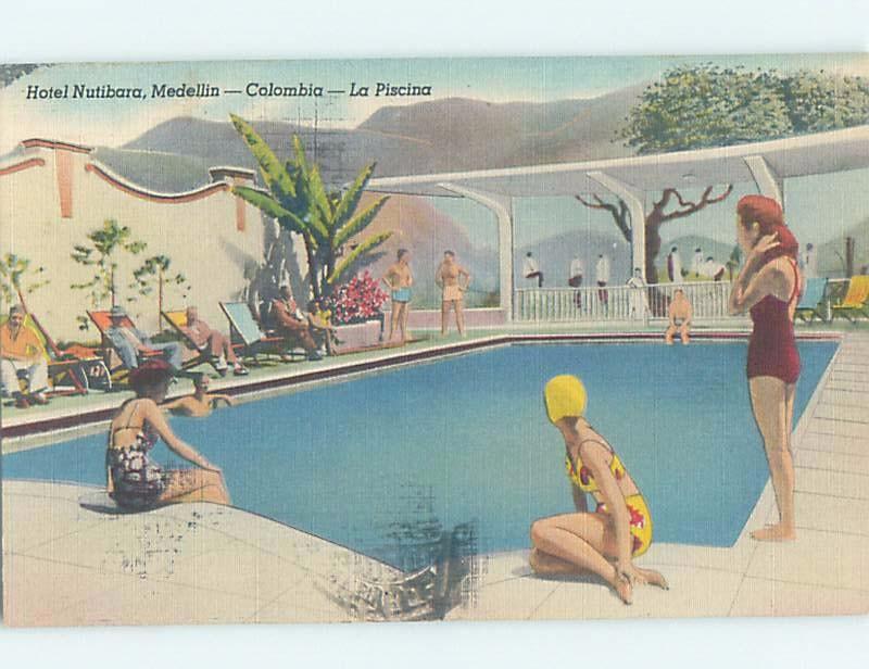 Pre-Chrome RISQUE BATHING SUIT GIRLS AT HOTEL POOL Medellin Colombia F6571