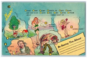 c1950's Sexy Woman Entertainment Moon Shine Fishing Good Eats Multiview Postcard