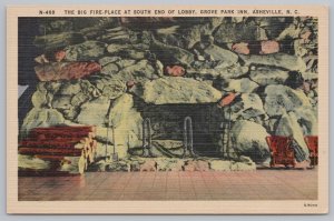 Linen~Big Fireplace South End Lobby Grove Park Inn Asheville NC~Vintage Postcard