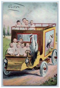 c1910's Stork Driving Car Delivery Truck Babies Surreal Fantasy Antique Postcard