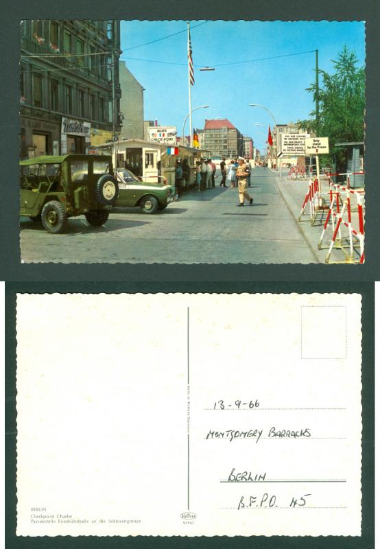 USA, Germany. Berlin.Postcard 1966 Checkpoint Charlie Adr: BFPO. H5