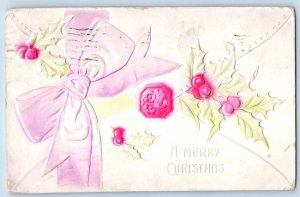 Christmas Postcard Holly Berries Pink Ribbon Airbrushed Embossed Boulder CO 1909
