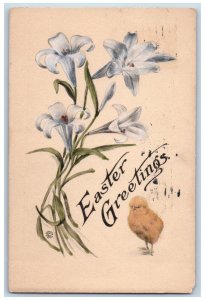 Lowell MA Postcard Easter Greetings Lily Flowers Baby Chick Hand Painted Art