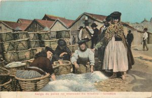 Vintage Postcard Fish Market Lisbon Portugal Mercado De Ribeira Women & Baskets