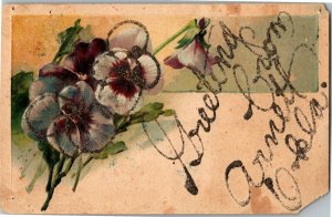 Greetings from Arnett OK Floral Glitter Vintage Postcard J24