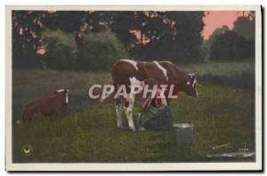 Postcard Old Woman Milking Cow Folklore