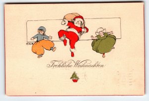 Santa Claus Christmas Postcard Dancing Boy Girl Wooden Shoes H L Woehler Germany