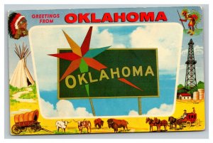 Vintage 1959 Postcard Greetings From Oklahoma - Covered Wagon Indian Chief Oil