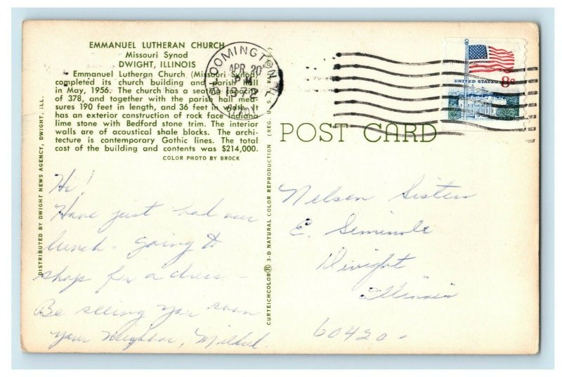 c1972 Emmanuel Lutheran Church Missouri Synod Bloomington Illinois IL Postcard 