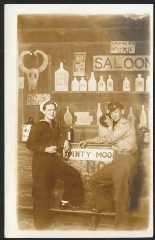 Sailor & Army Man at Saloon RPPC Unused c1940s