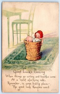 1920 THE KEWPIES GOOD LUCK'S COMING DOLLS IN A BASKET ANTIQUE GIBSON POSTCARD