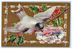 New Year Postcard Bird And Holly Berries Embossed Nash c1910's Unposted Antique