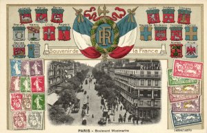 PC STAMPS, PARIS, BOULEVARD MONTMARTRE, Vintage EMBOSSED Postcard (b47926)