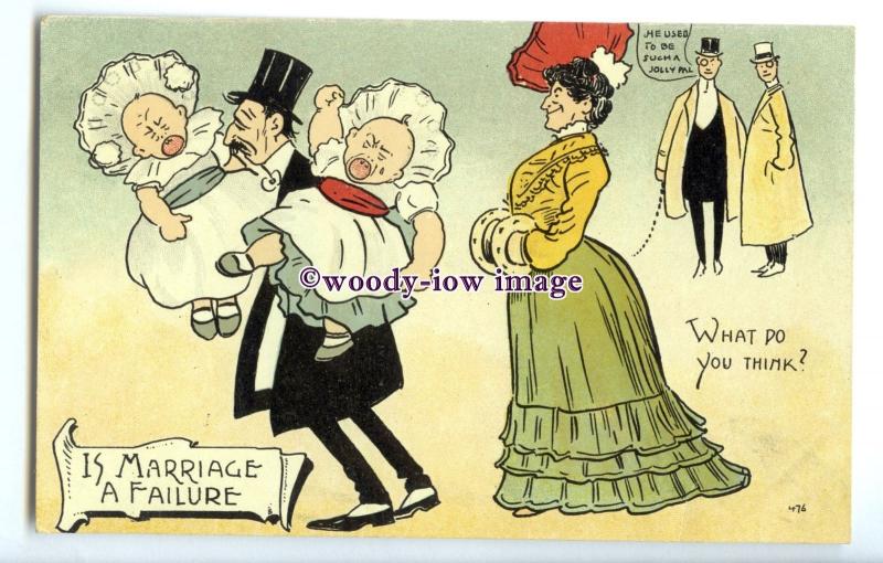 su3441 - Is Marriage a Failure Worn Down Man Carrying Crying Babies - postcard