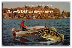 Hello From Garrison Minn. Walleye Vintage Exaggerated Standard View Postcard 