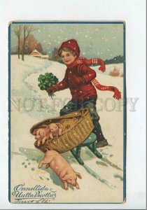 3185387 NEW YEAR Sled PIGS 1917 HALIKKO RUSSIAN FINLAND Stamps