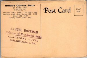 Postcard Howe's Coffee Shop Restaurant Fountain Service Rutland VT