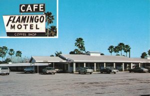 C.1960's Cars Cafe Flamingo Motel Coffee Shop, Harlingen, Tx. Postcard 2T5-127