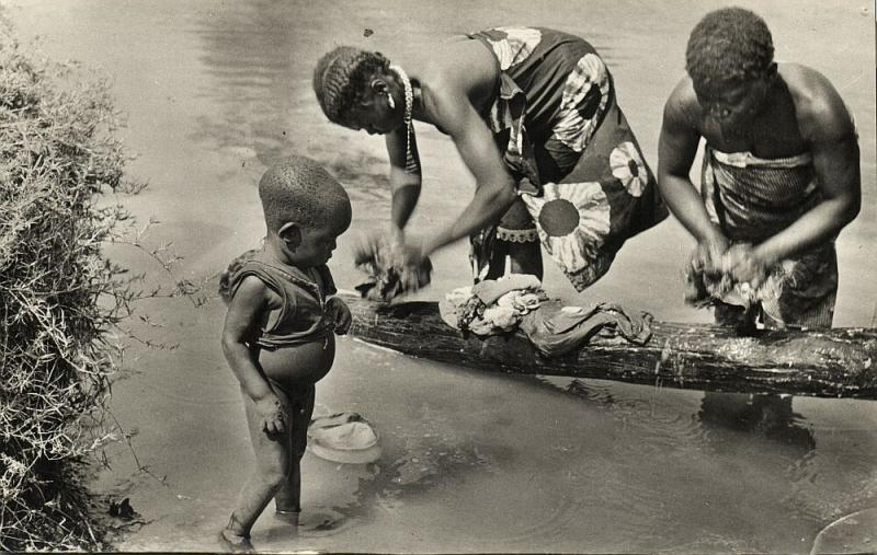 Black Africa, Native Girls Washing in River, Young Boy Watching (1962) RPPC