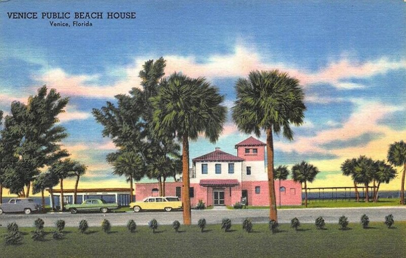 Venice FL Public Beach House Old Cars  Postcard