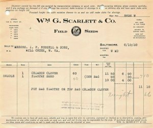 BALTIMORE MD~Wm G SCARLETT & COMPANY-ORIOLE BRAND FIELD SEEDS~1930 BILLHEAD