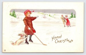 Antique Christmas Postcard, Ice Skating Child Playing Hockey, Puppy, Winter  P3