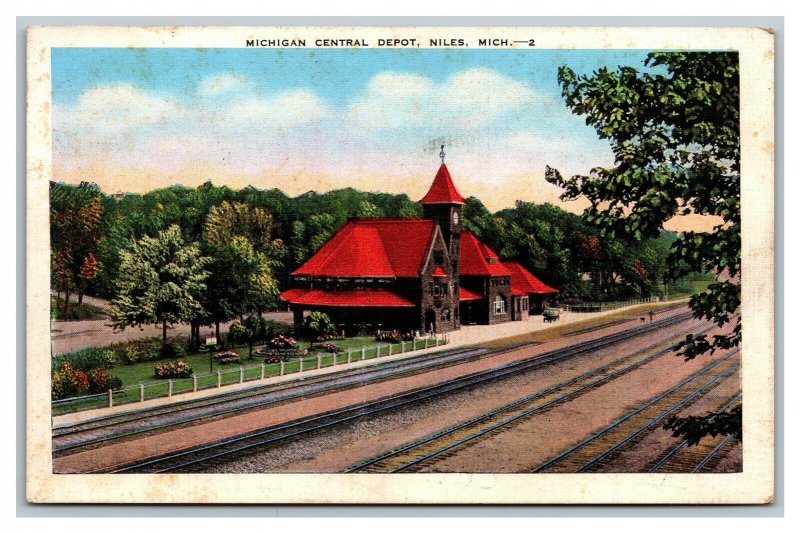 Postcard Michigan Central Depot Niles Michigan 1941 Linen pc1731