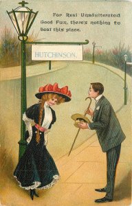 c1909 Postcard Couple by Signpost Hutchinson KS For Good Fun You Can't Beat 2403