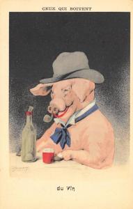 French Those Who Drink du Vin Artist Signed Postcard