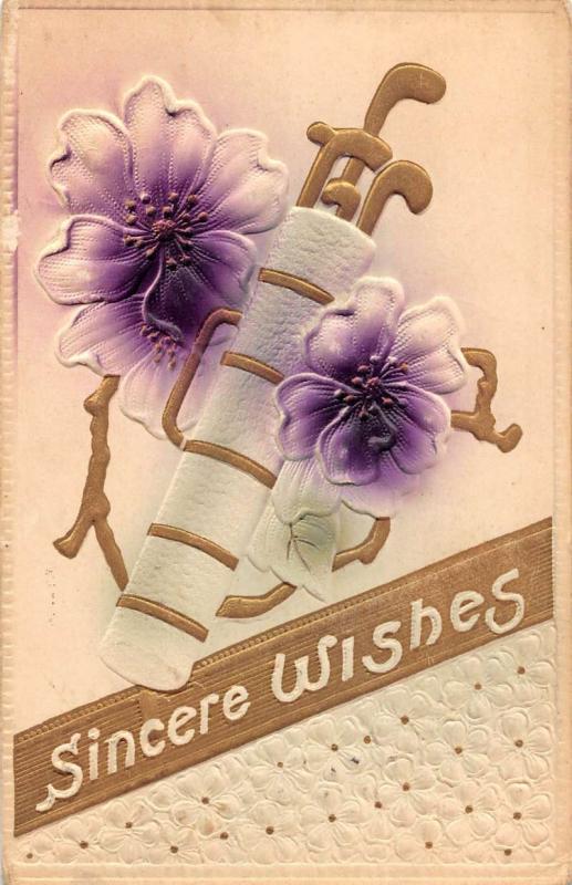 Sincere Wishes Flowers Golf Clubs Greeting Antique Postcard K87603 