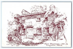 1958 Fort Western 1754 Exterior Augusta Maine ME Sketch Vintage Antique Postcard 