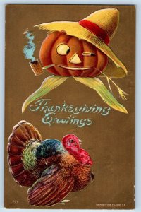 P. Sander Signed Postcard Thanksgiving Greetings Turkey Jack O Lantern Embossed