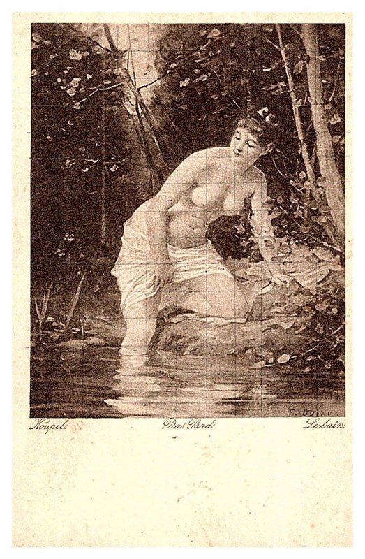 Artist Drawn. Nude Woman Bathing in stream