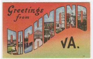 Richmond Virginia Large Letter linen postcard