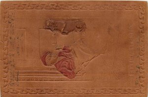 c1907 Leather Postcard, Barefoot Boy & Terrier Dog, Hitting the Pipe, Smoking