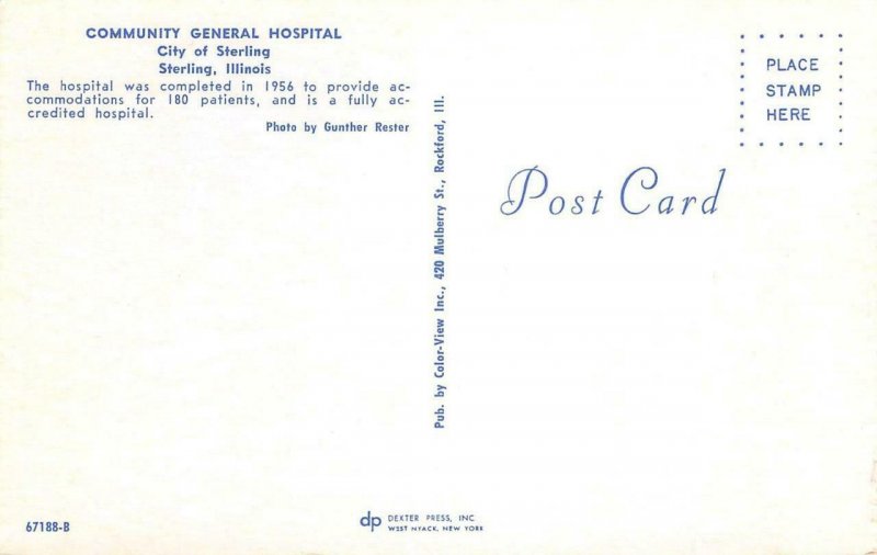 COMMUNITY GENERAL HOSPITAL Sterling, Illinois Chrome Vintage Postcard