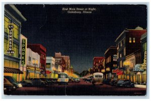c1940's East Main Street At Night Classic Cars Galesburg Illinois IL Postcard