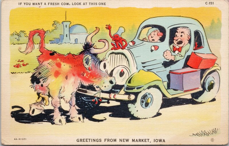 New Market Iowa IA Cow Comic Greetings Car c1944 CT Auto Comics Postcard F80 