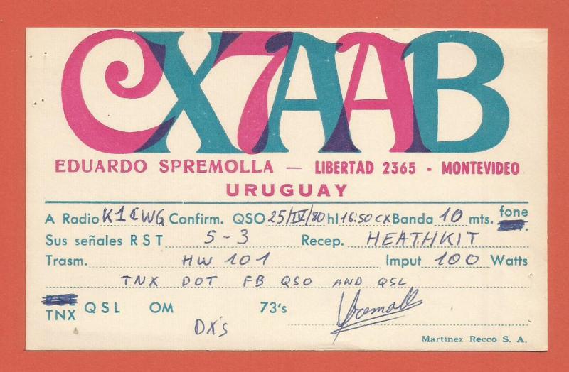 QSL AMATEUR RADIO CARD – MONTEVIDEO, URUGUAY - 1980