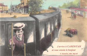 Carentan France young lady on train street scene antique pc Z46027