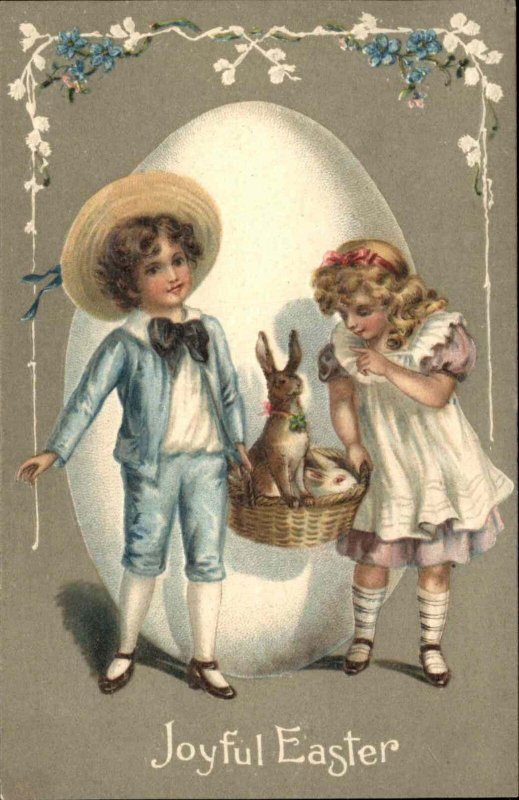 Easter Little Boy and Girl Basket of Bunny Rabbits c1910 Vintage Postcard