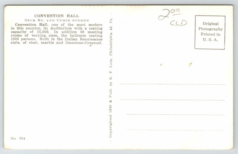 Philadelphia Fireproof Municipal Auditorium & Convention Hall~Closeup RPPC 1936 