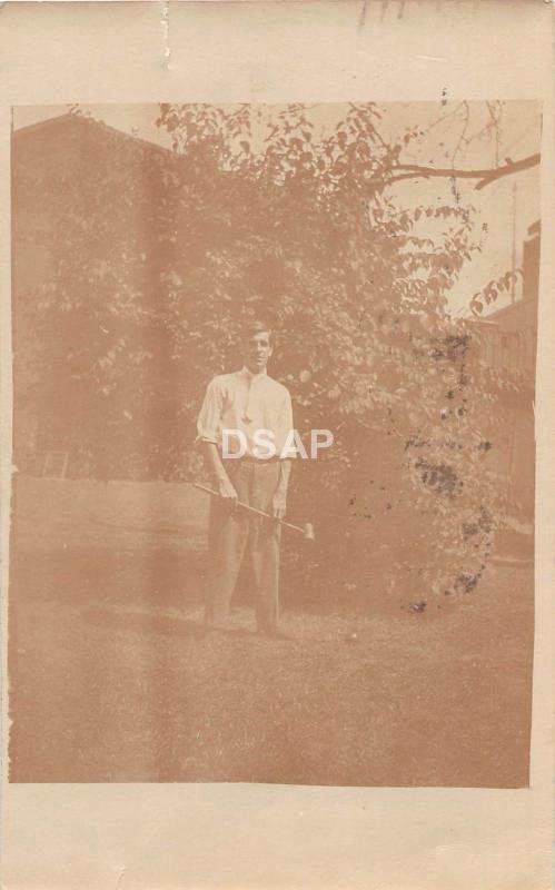 C11/ Middletown Ohio Postcard Real Photo RPPC 1908 Man Playing Croquet