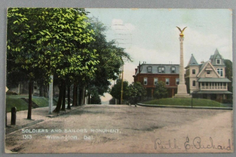 Soldiers And Sailors Monument, Wilmington DE 1909 Postcard (#F14)