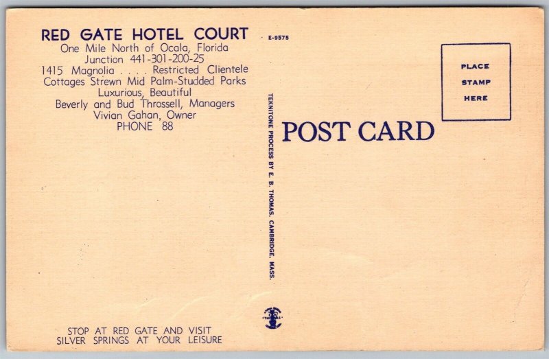 Vtg Ocala Florida FL Red Gate Hotel Court Motel 1940s View Linen Old Postcard