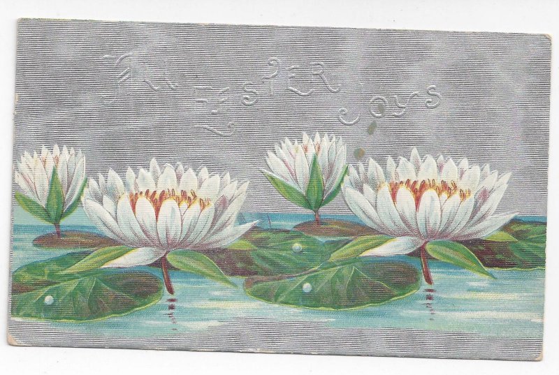 Easter Water Lilies Embossed Silver Moire Background 1909 Winsch Back Postcard