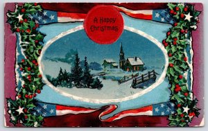 1914 A Happy Christmas Winter Snow Landscape Green Leaves Flag Posted Postcard