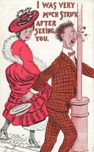 Dominant Lady Smashes Man Into Lamppost Old Comic Postcard